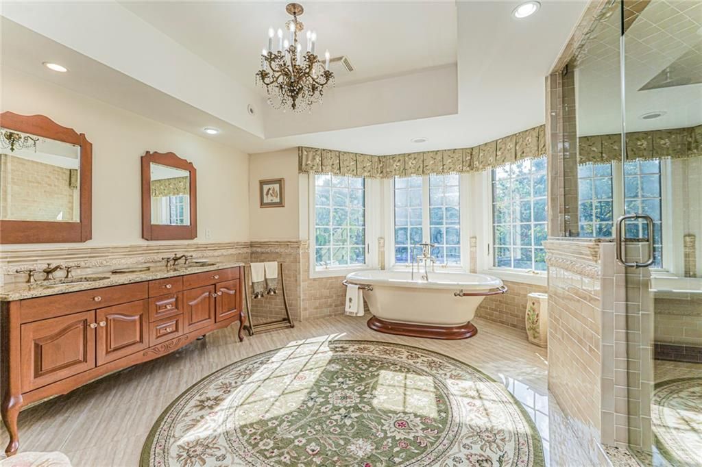 Bathroom, Chandelier, Dual Sink Vanities, Free Standing Baths, Glass Shower, Interior, Recessed Lighting