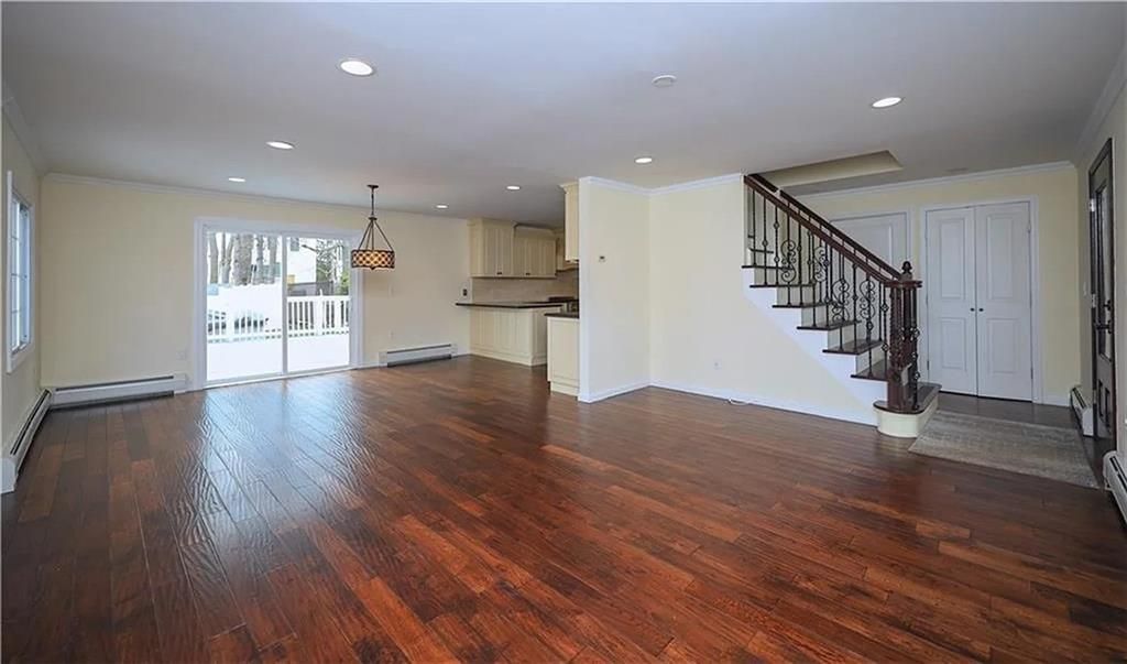 Empty room, Interior, Kitchen, Pendant Lights, Recessed Lighting, Wood Texture Flooring