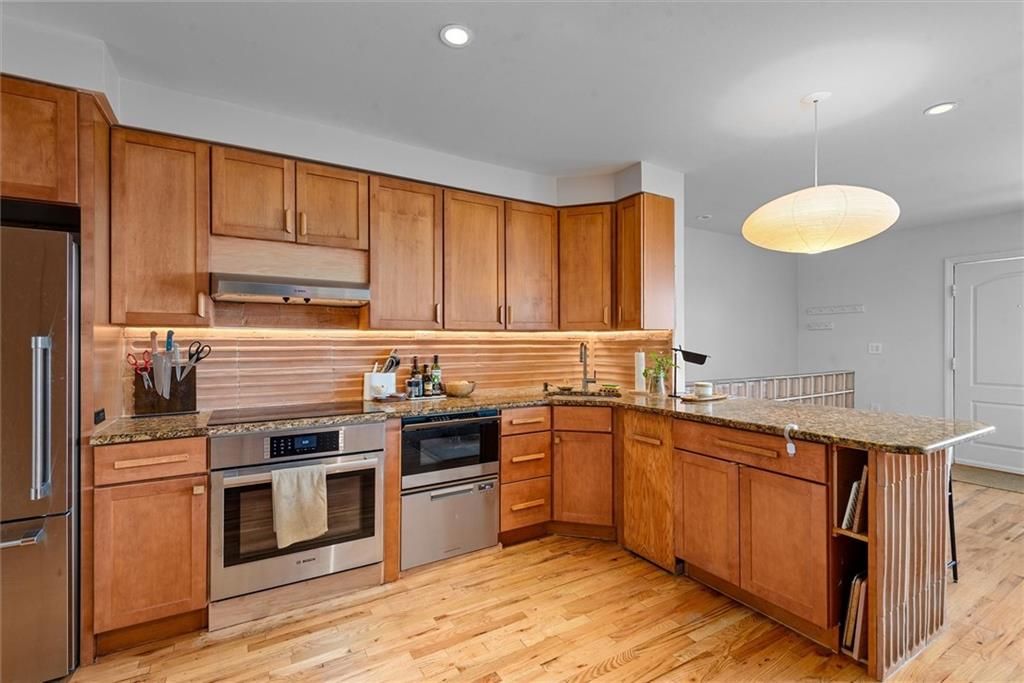 Interior, Kitchen, Pendant Lights, Recessed Lighting, Stainless Steel Appliances, Wood Texture Flooring