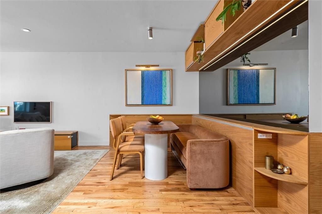 Dining room, Interior, Recessed Lighting, Wood Texture Flooring