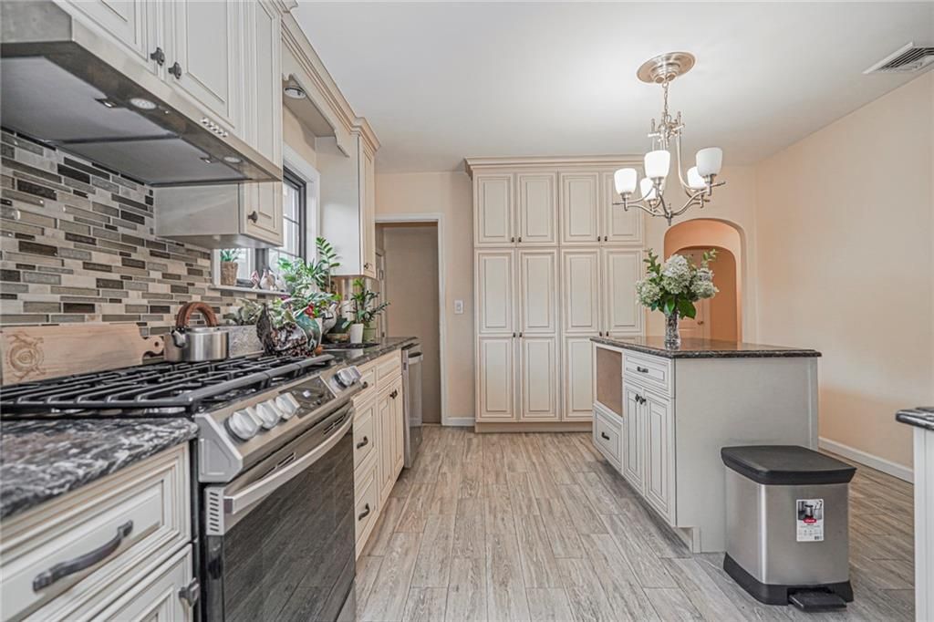 Chandelier, Interior, Kitchen, Stainless Steel Appliances, Wood Texture Flooring