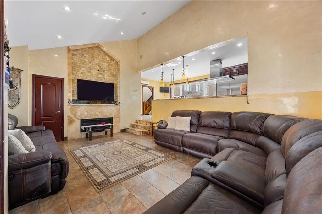 Fireplace, Interior, Living room, Recessed Lighting, Stone Walls