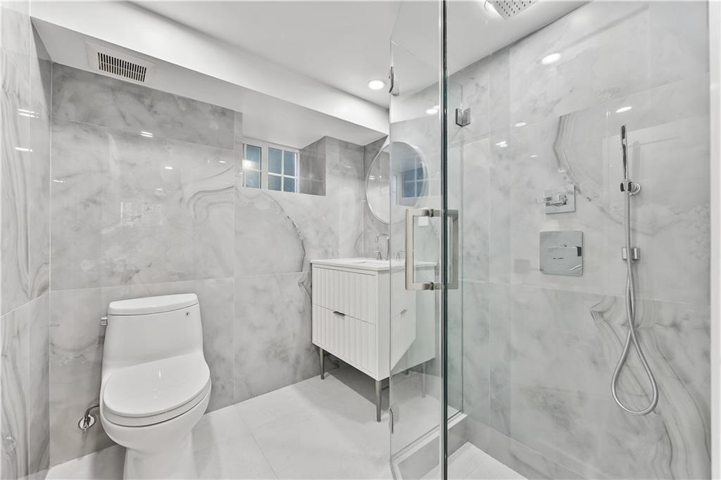 Bathroom, Glass Shower, Interior, Marble Walls, Recessed Lighting