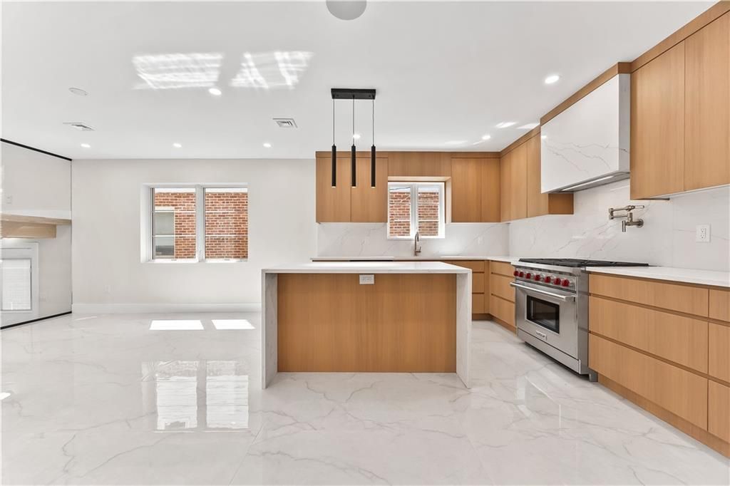 Interior, Kitchen, Marble, Pendant Lights, Recessed Lighting, Stainless Steel Appliances