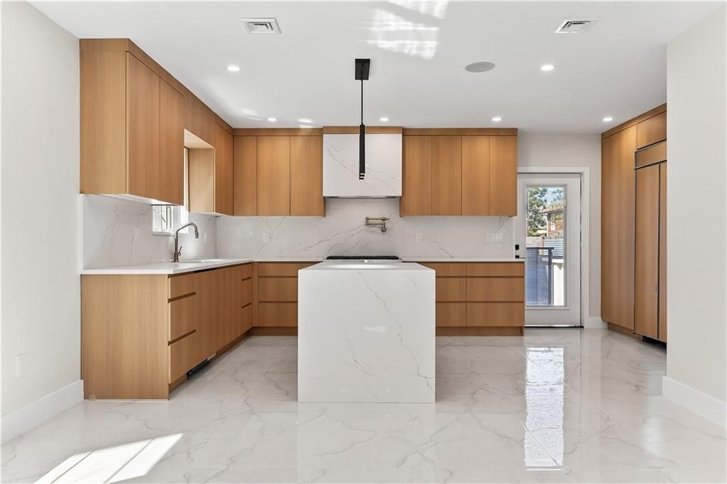 Interior, Kitchen, Marble, Marble Walls, Pendant Lights, Recessed Lighting