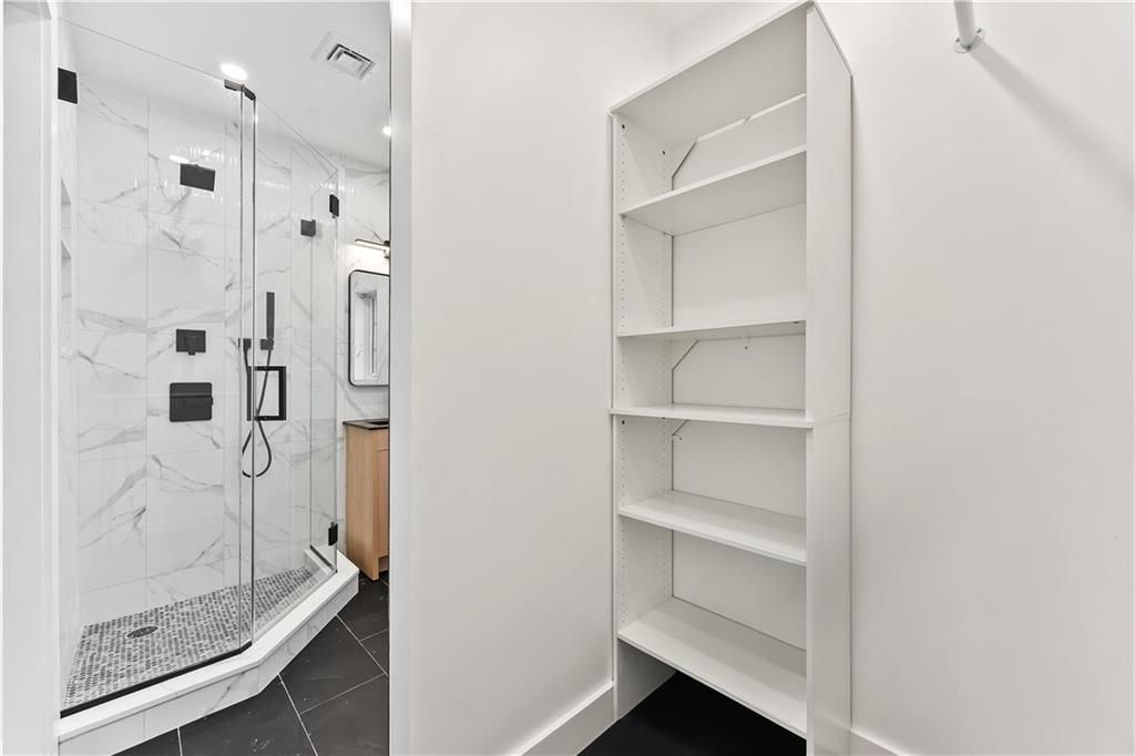 Bathroom, Glass Shower, Interior, Marble Walls, Recessed Lighting