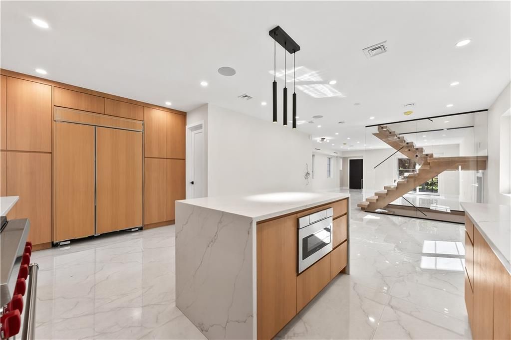 Interior, Kitchen, Marble, Pendant Lights, Recessed Lighting, Stainless Steel Appliances