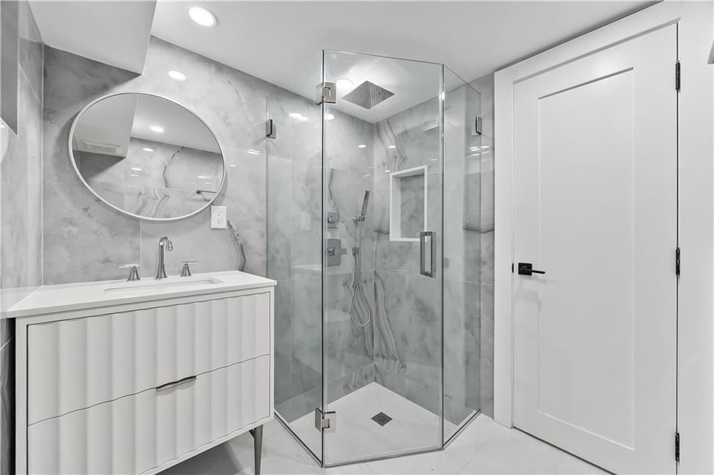 Bathroom, Glass Shower, Interior, Marble Walls, Recessed Lighting