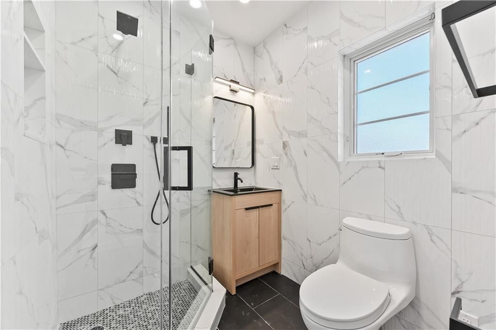 Bathroom, Glass Shower, Interior, Marble Walls, Recessed Lighting