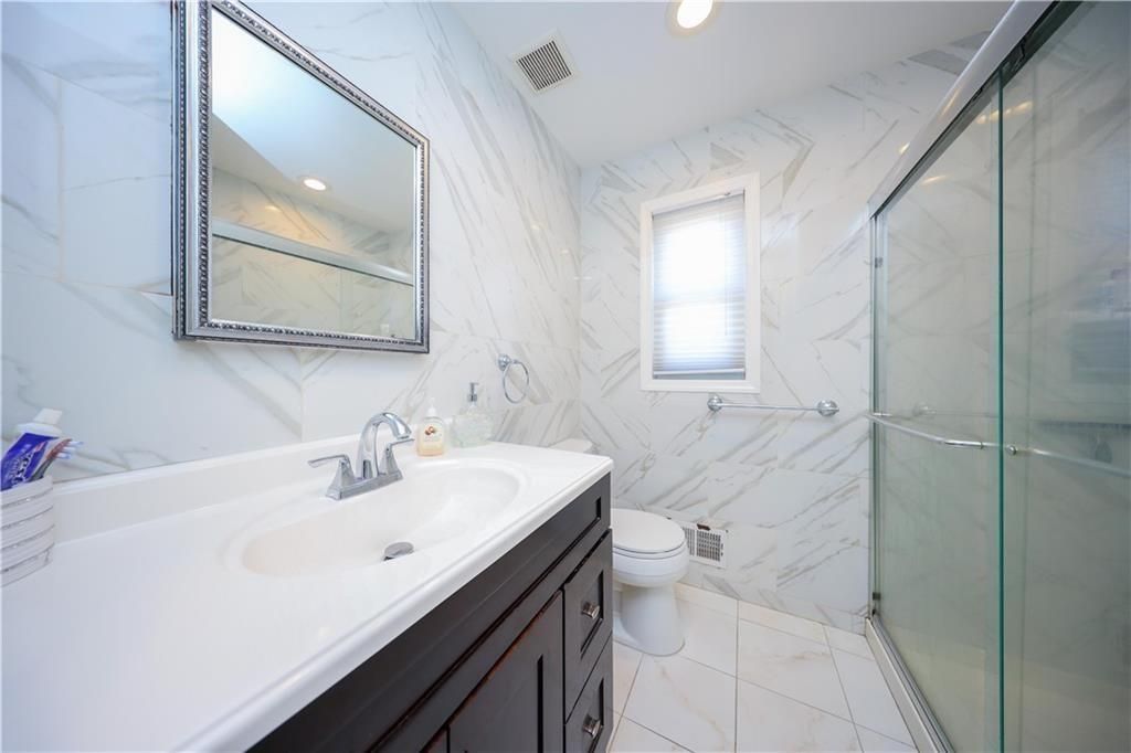 Bathroom, Glass Shower, Interior, Marble, Marble Walls, Recessed Lighting