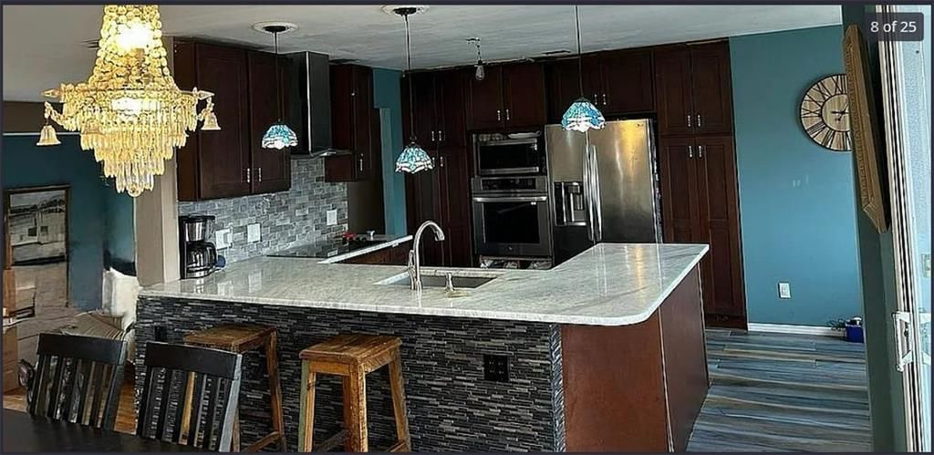 Chandelier, Interior, Kitchen, Pendant Lights, Stainless Steel Appliances