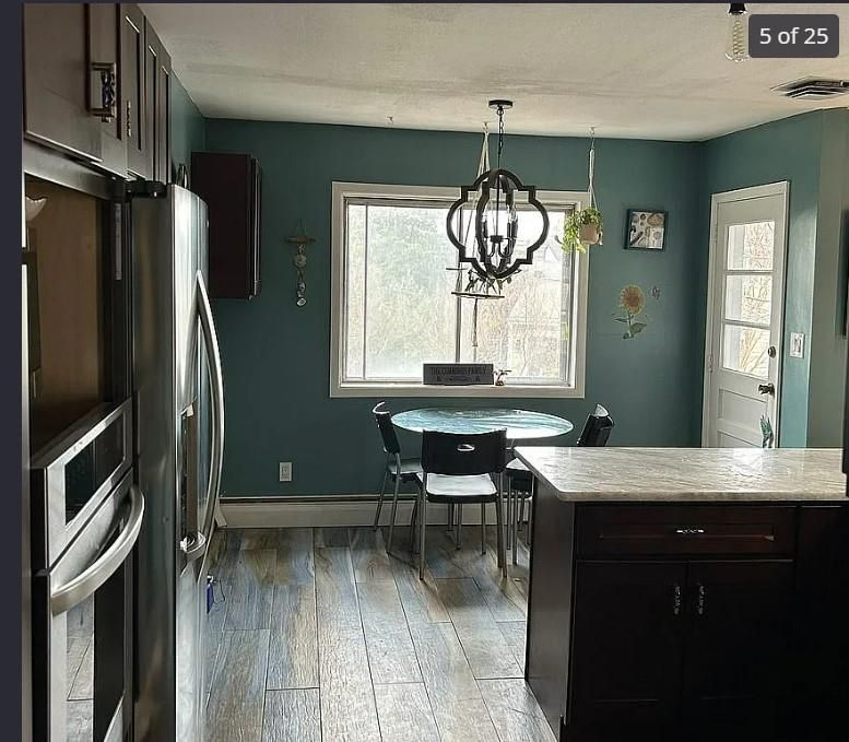Dining room, Interior, Kitchen, Pendant Lights, Wood Texture Flooring