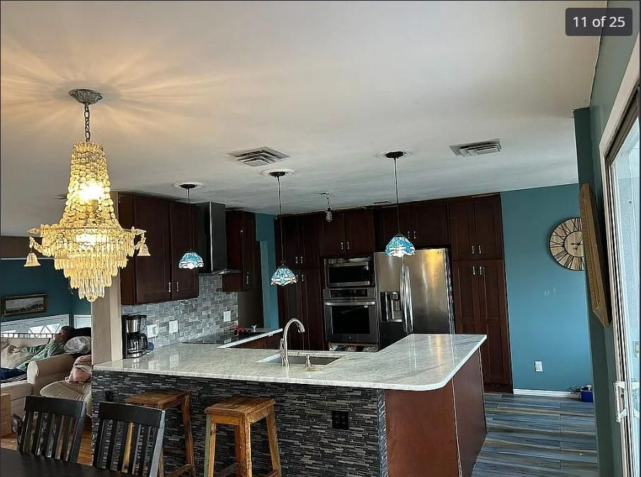 Chandelier, Interior, Kitchen, Pendant Lights, Stainless Steel Appliances