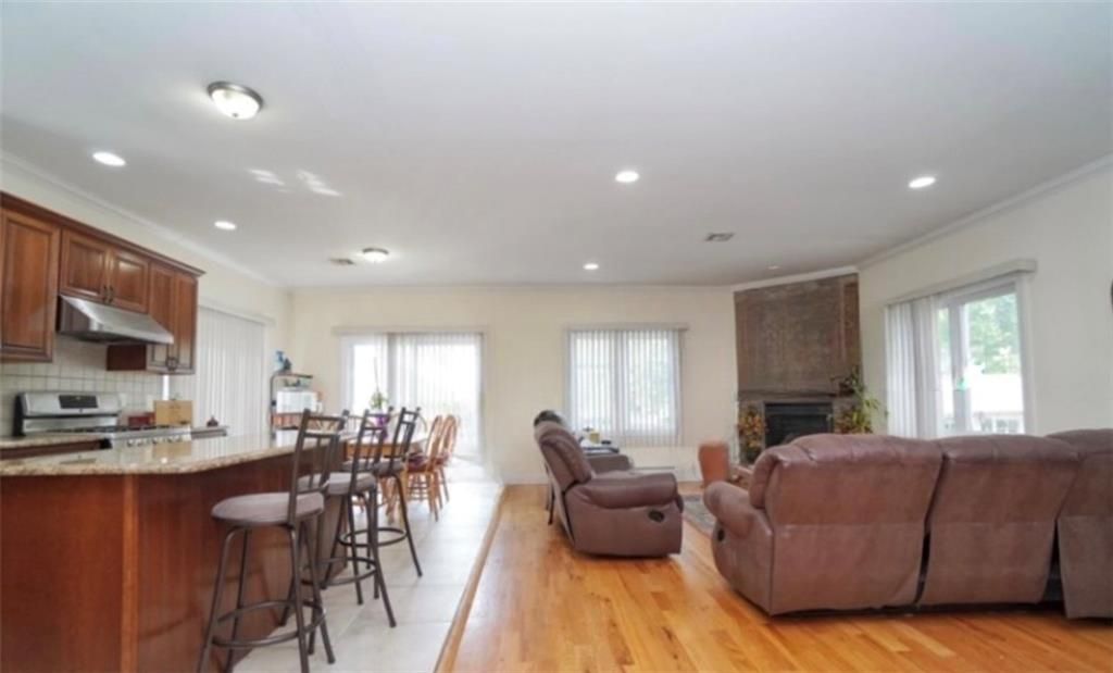 Fireplace, Interior, Kitchen, Living room, Recessed Lighting, Wood Texture Flooring