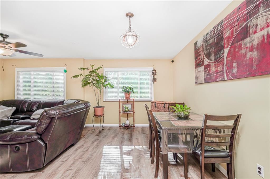 Dining room, Interior, Living room, Pendant Lights, Wood Texture Flooring