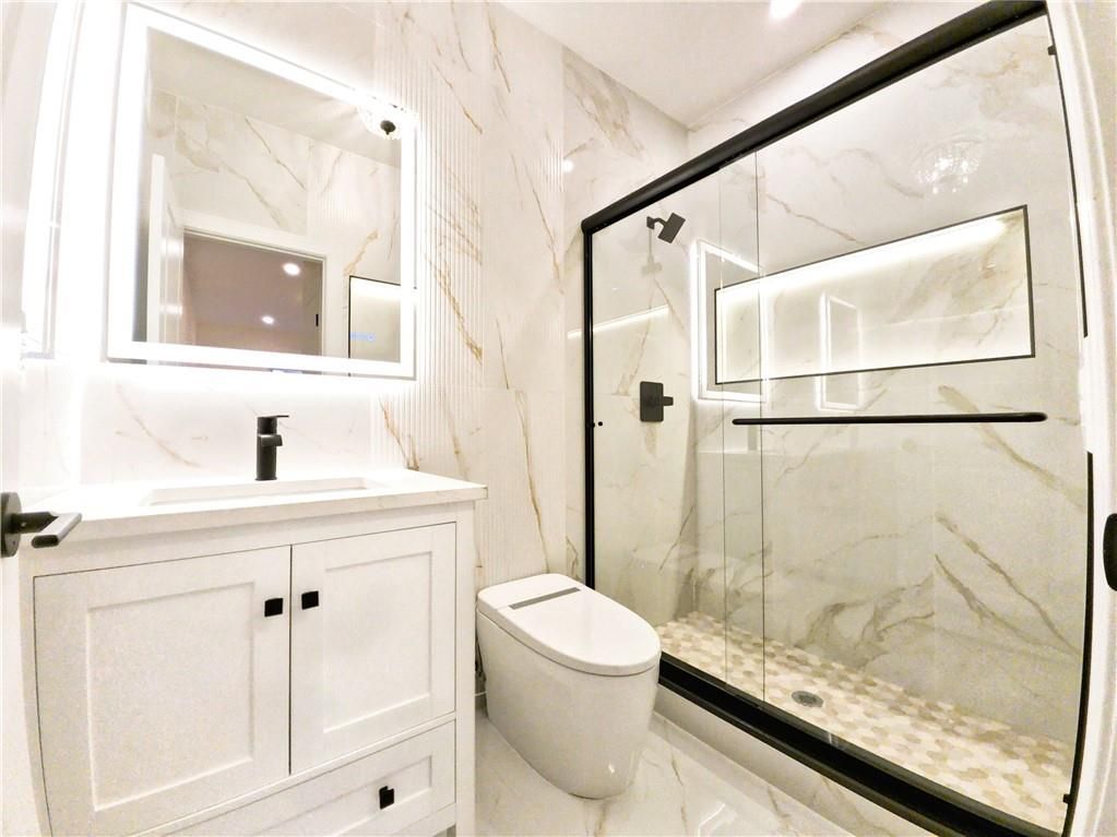 Bathroom, Glass Shower, Interior, Marble, Marble Walls, Recessed Lighting