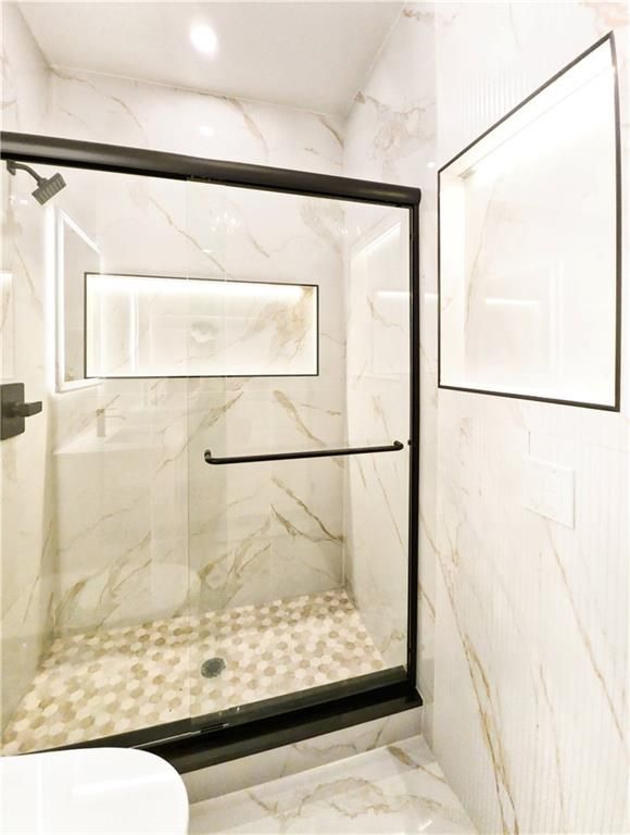 Bathroom, Glass Shower, Interior, Marble, Marble Walls, Recessed Lighting