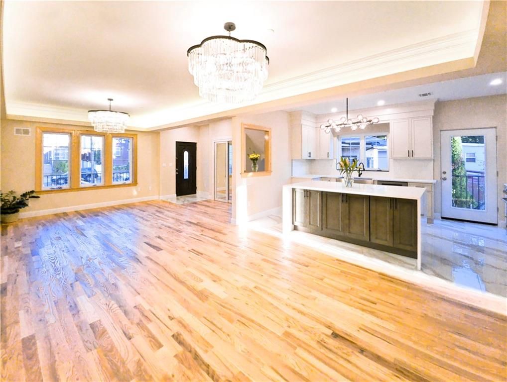 Chandelier, Interior, Kitchen, Recessed Lighting, Wood Texture Flooring