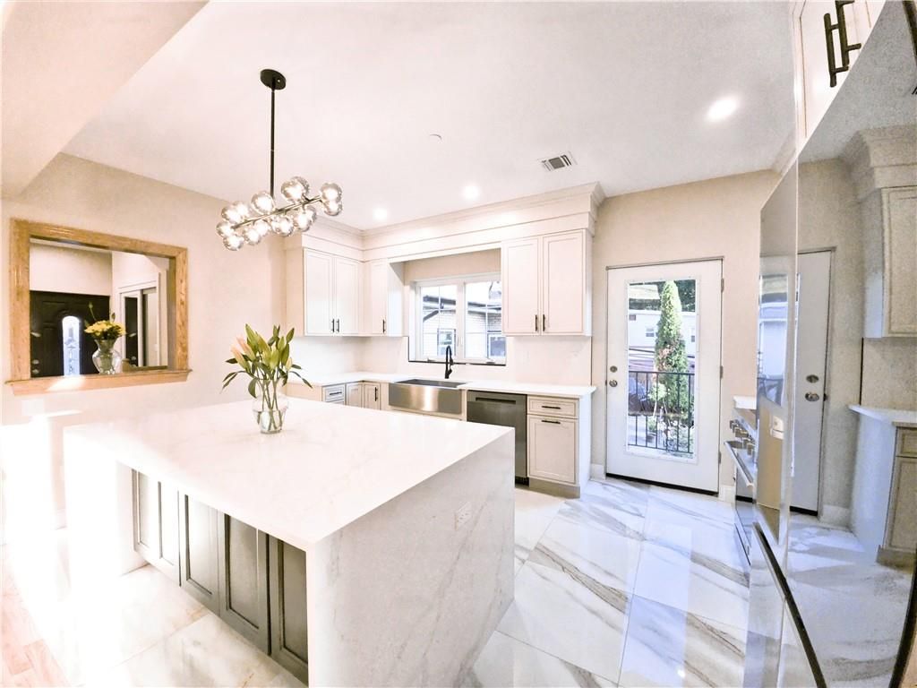 Interior, Kitchen, Marble, Pendant Lights, Recessed Lighting, Stainless Steel Appliances