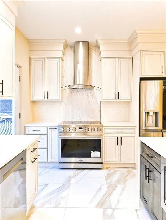 Interior, Kitchen, Marble, Recessed Lighting, Stainless Steel Appliances