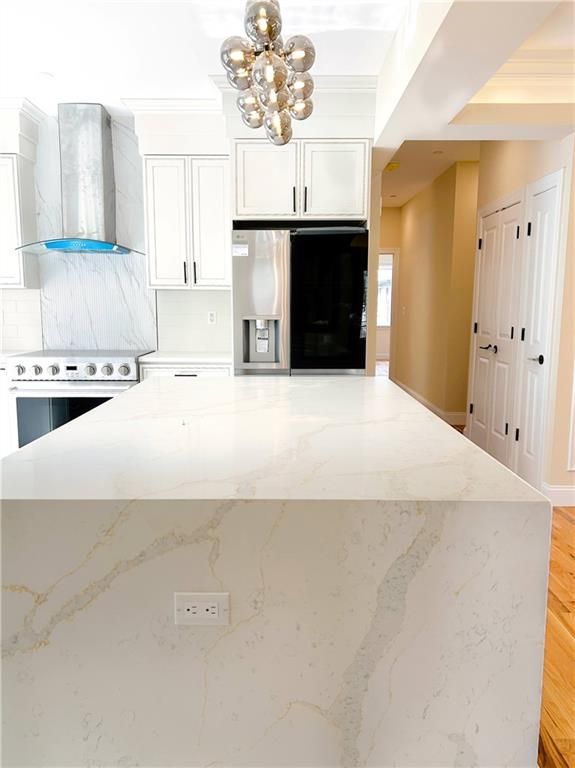 Interior, Kitchen, Marble Walls, Pendant Lights, Wood Texture Flooring