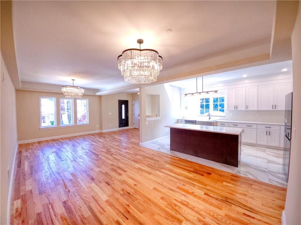 Chandelier, Empty room, Interior, Kitchen, Recessed Lighting, Wood Texture Flooring