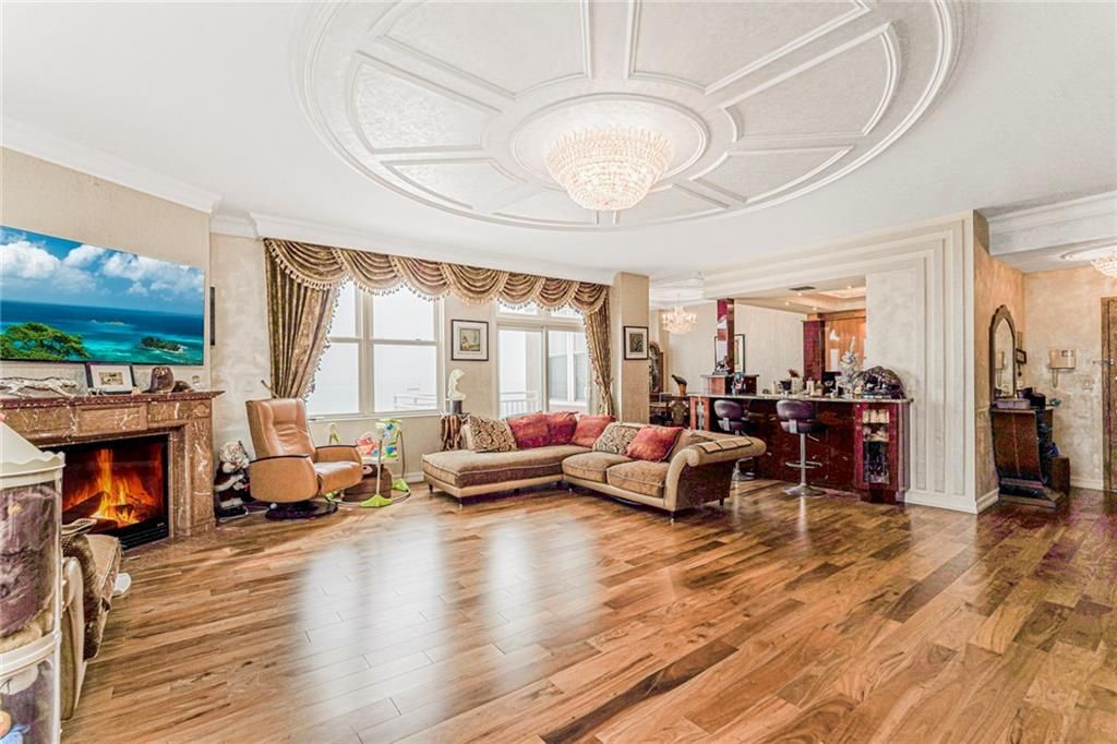 Chandelier, Fireplace, Interior, Living room, Water, Wood Texture Flooring