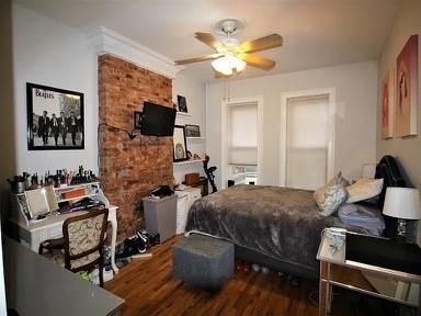 Bedroom, Home Office, Interior, Stone Walls, Wood Texture Flooring