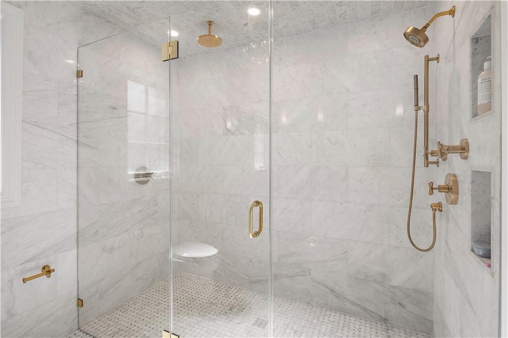 Bathroom, Glass Shower, Interior, Marble Walls, Recessed Lighting