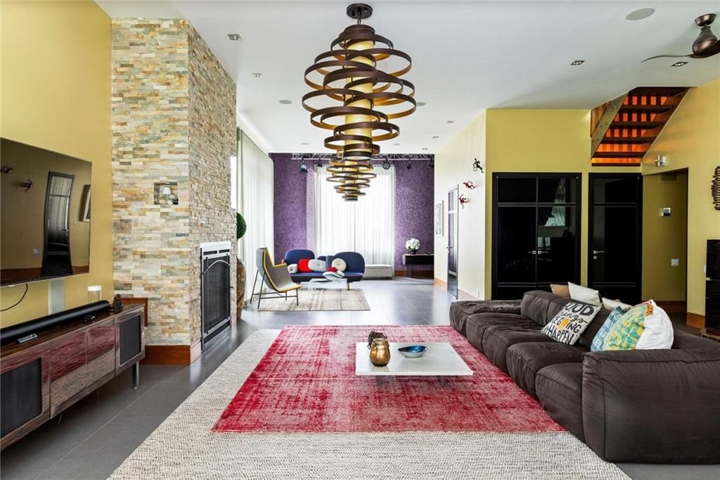 Fireplace, Interior, Living room, Pendant Lights, Recessed Lighting, Stone Walls