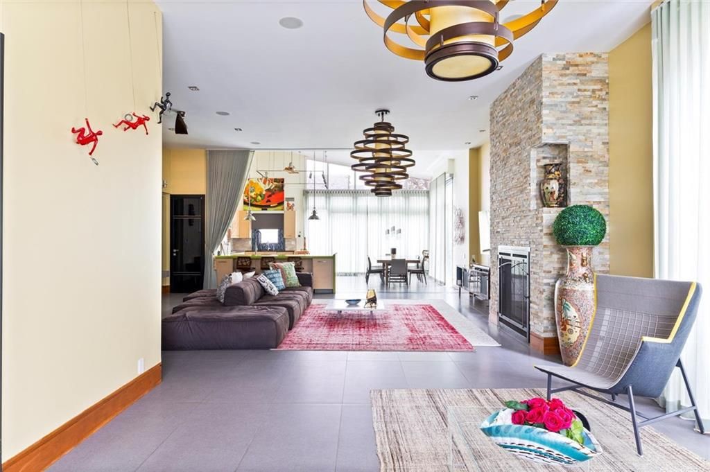 Fireplace, Interior, Pendant Lights, Stone Walls