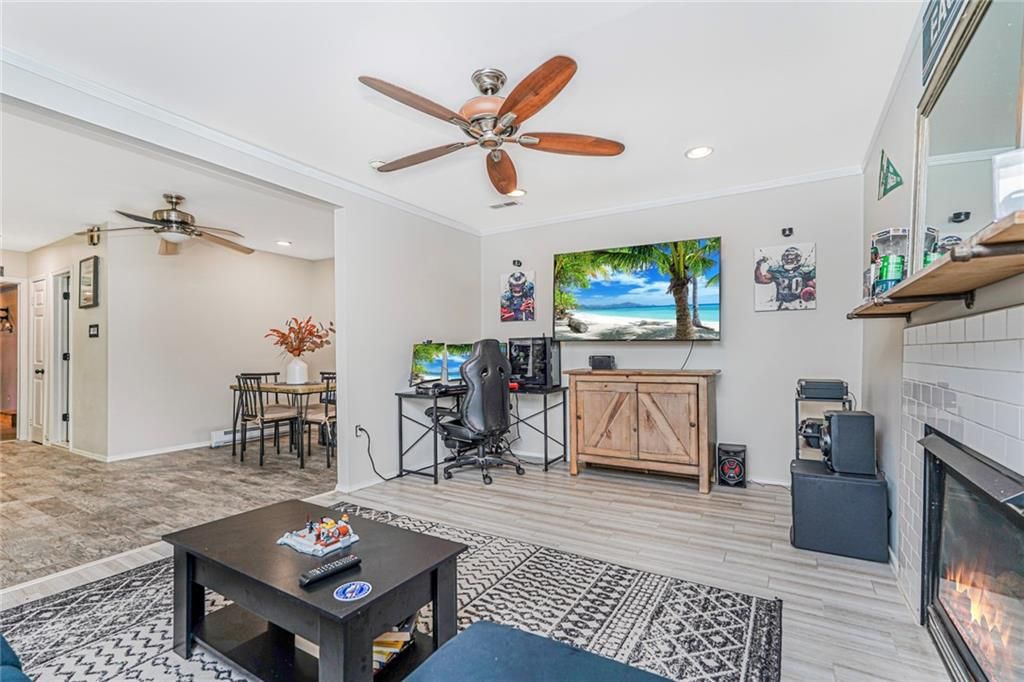 Fireplace, Home Office, Interior, Recessed Lighting, Wood Texture Flooring