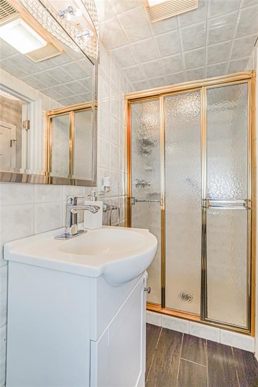 Bathroom, Glass Shower, Interior, Wood Texture Flooring