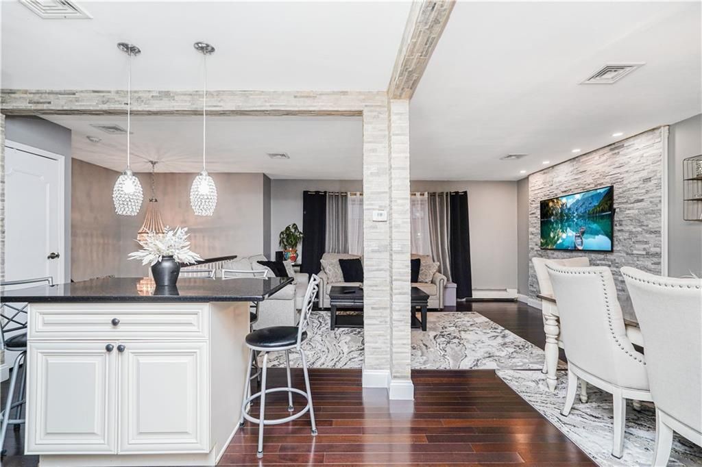 Interior, Pendant Lights, Recessed Lighting, Stone Walls, Wood Texture Flooring