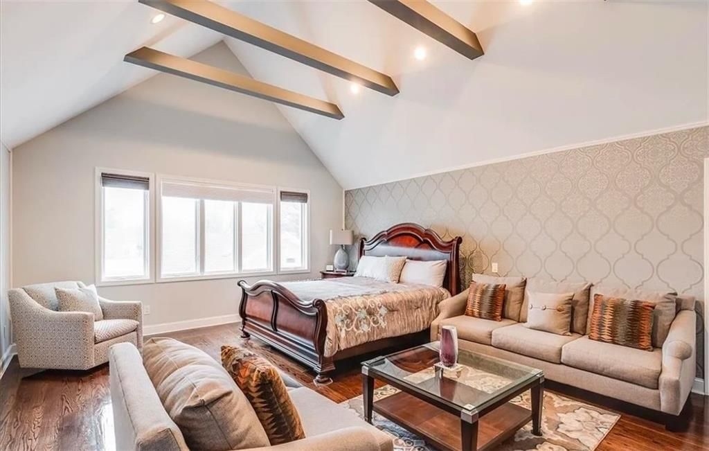 Bedroom, Interior, Recessed Lighting, Wooden Beams, Wood Texture Flooring