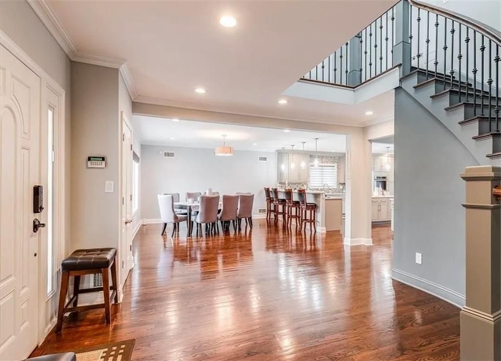 Dining room, Interior, Pendant Lights, Recessed Lighting, Wood Texture Flooring