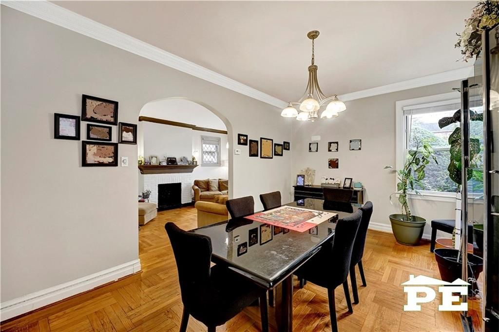 Dining room, Fireplace, Interior, Pendant Lights, Wood Texture Flooring