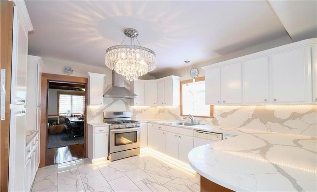Chandelier, Interior, Kitchen, Marble, Stainless Steel Appliances, Wood Texture Flooring
