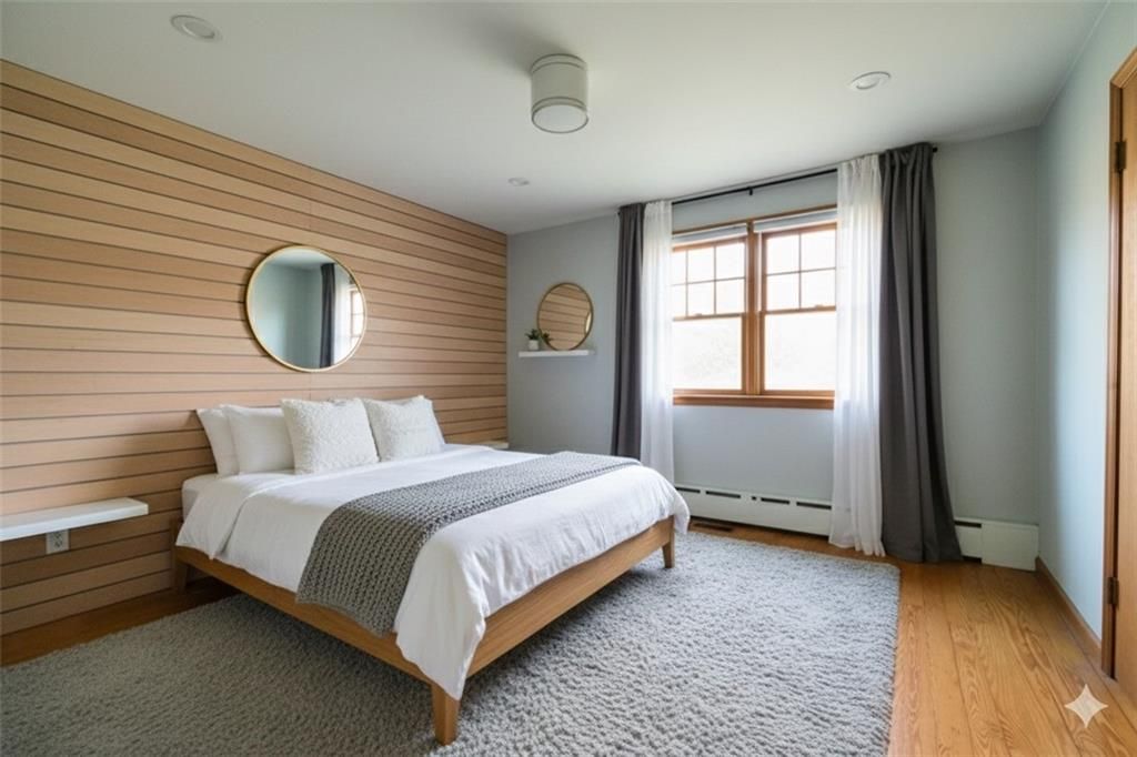 Bedroom, Interior, Recessed Lighting, Wood Texture Flooring, Wooden Walls