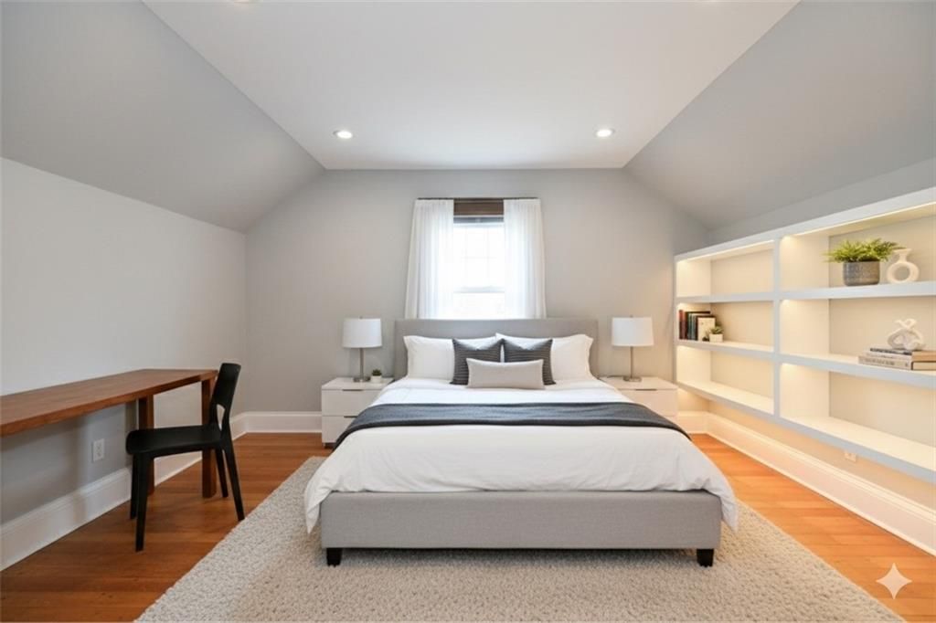 Bedroom, Interior, Recessed Lighting, Wood Texture Flooring