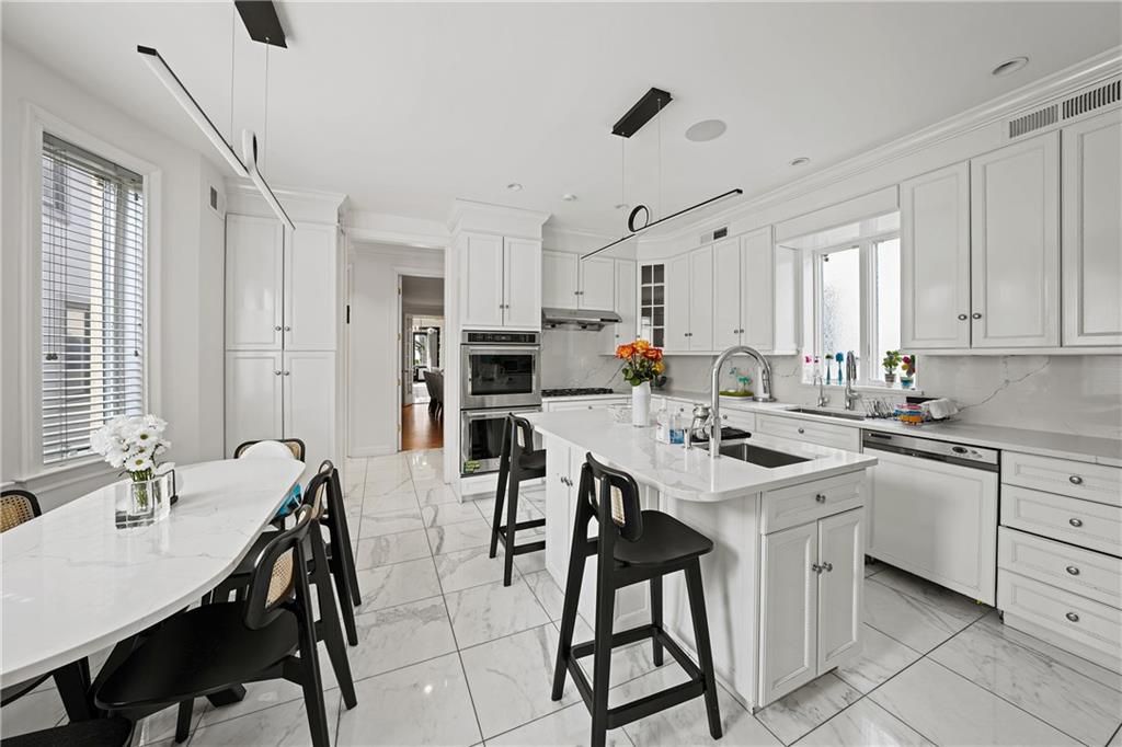 Interior, Kitchen, Marble, Pendant Lights, Recessed Lighting, Stainless Steel Appliances