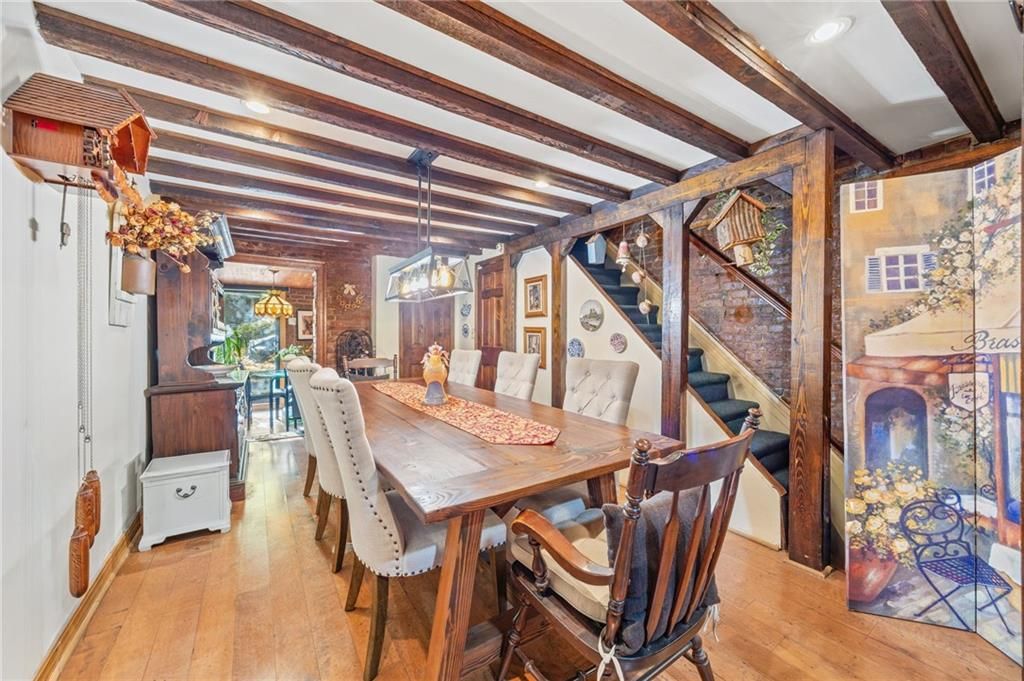 Dining room, Interior, Pendant Lights, Recessed Lighting, Wooden Beams, Wood Texture Flooring