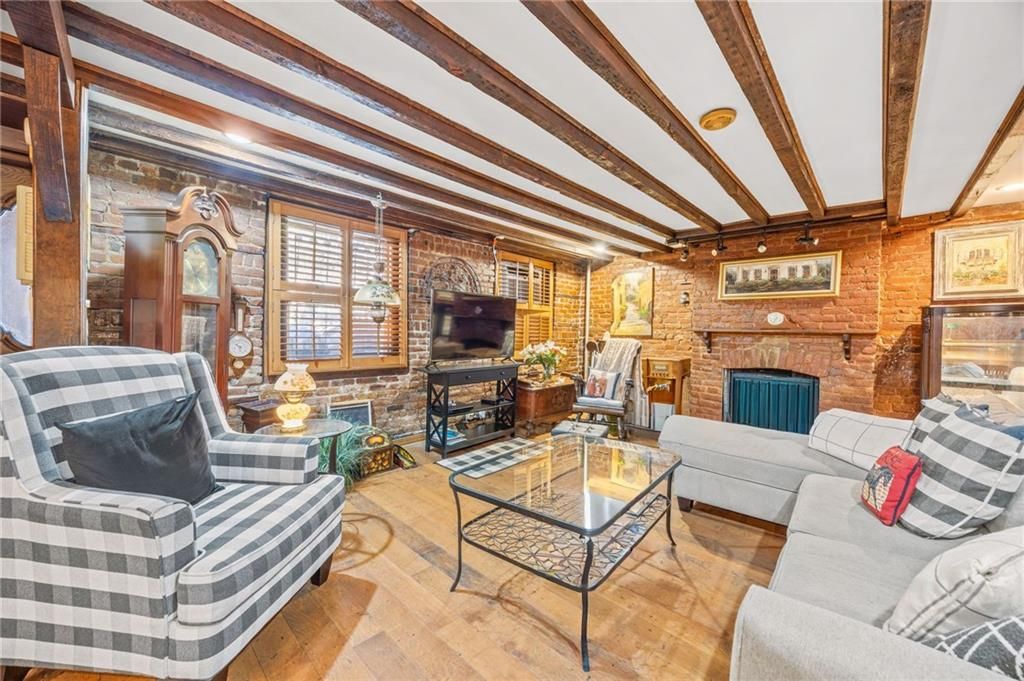 Fireplace, Interior, Living room, Stone Walls, Wooden Beams, Wood Texture Flooring