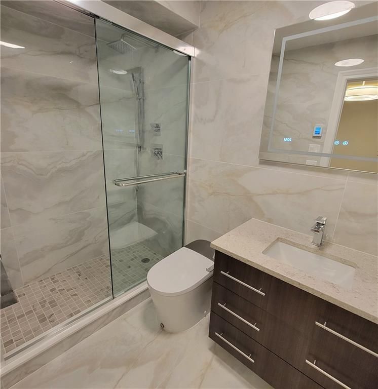 Bathroom, Glass Shower, Interior, Marble Walls, Recessed Lighting