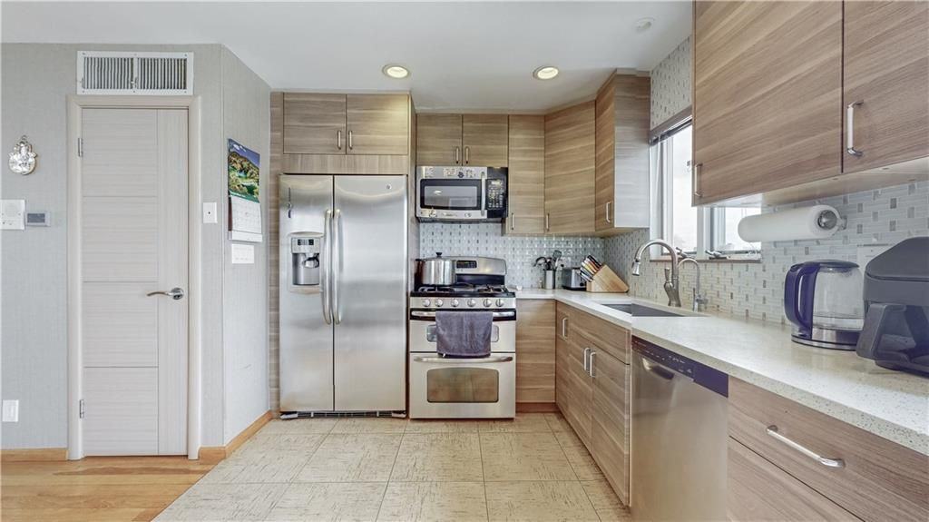 Interior, Kitchen, Recessed Lighting, Stainless Steel Appliances, Wood Texture Flooring