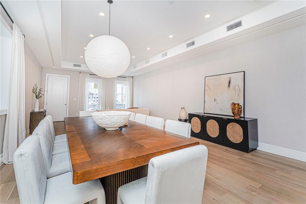 Dining room, Interior, Pendant Lights, Recessed Lighting, Wood Texture Flooring