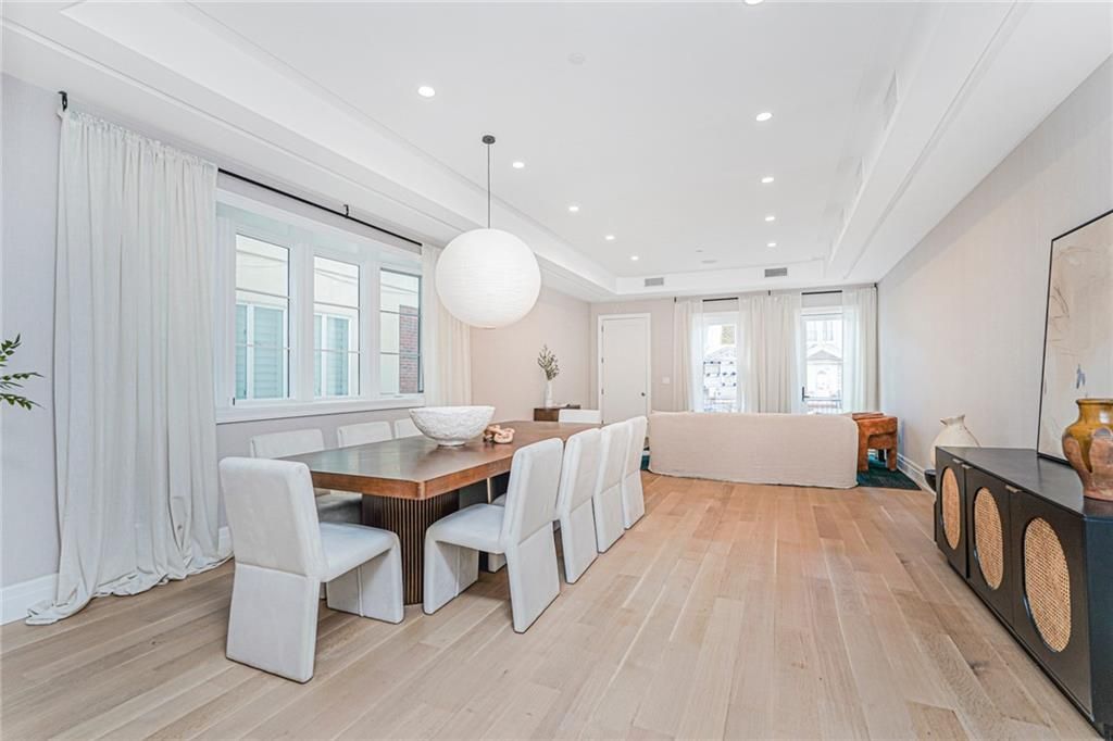 Dining room, Interior, Pendant Lights, Recessed Lighting, Wood Texture Flooring