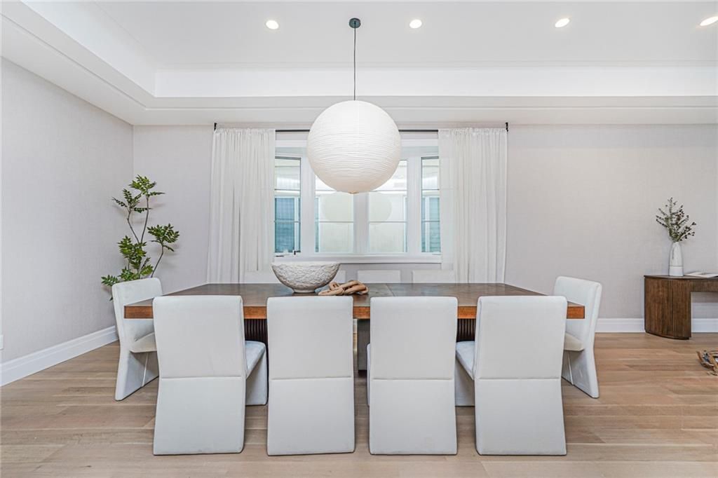 Dining room, Interior, Pendant Lights, Recessed Lighting, Wood Texture Flooring