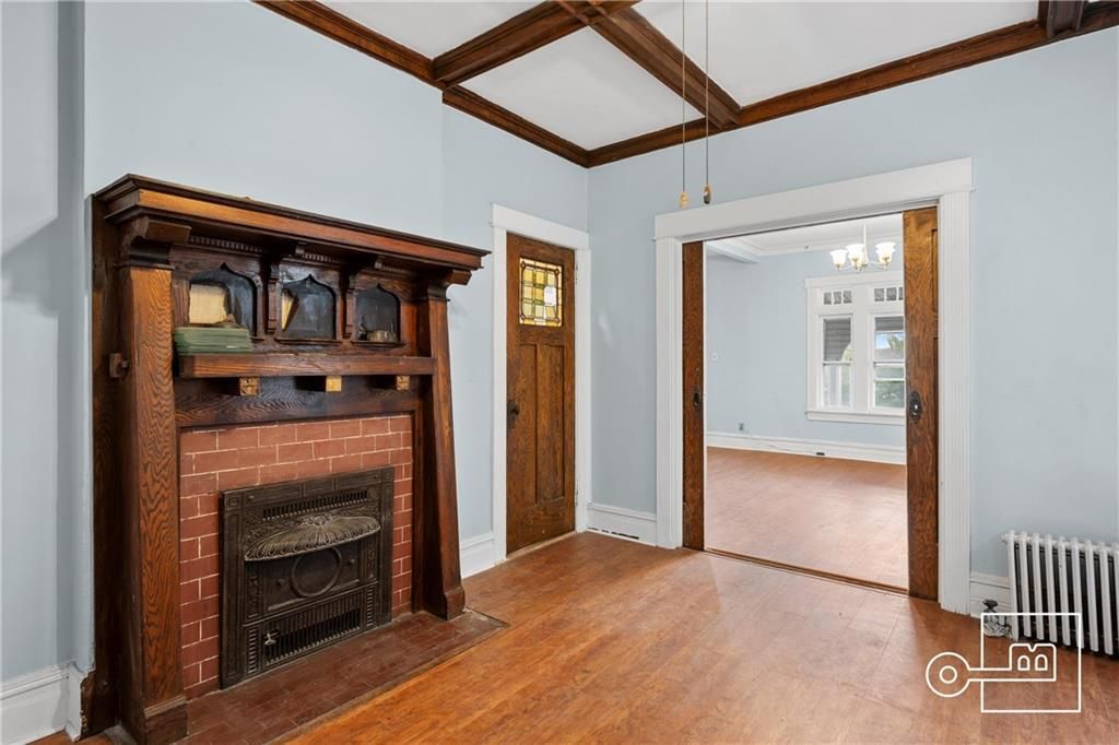 Chandelier, Empty room, Fireplace, Interior, Wood Texture Flooring