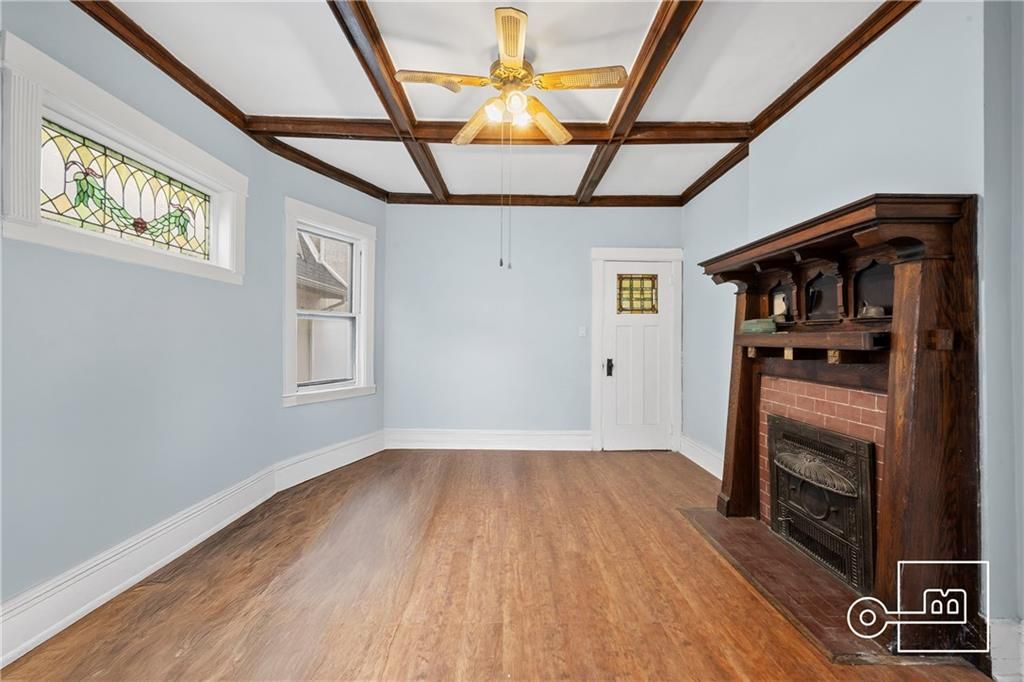 Empty room, Fireplace, Interior, Wooden Beams, Wood Texture Flooring